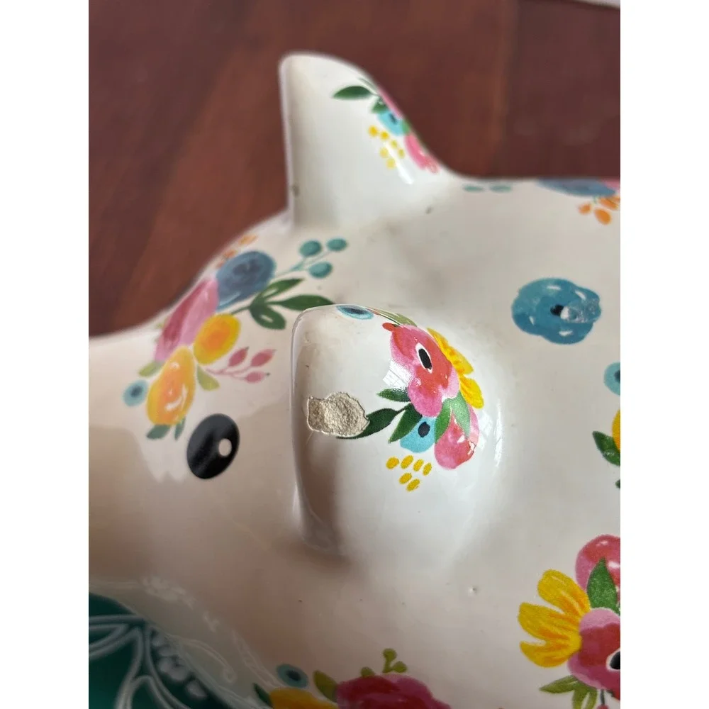 The Pioneer Woman Flea Market Floral Pig Butter Dish with Tray Teal Ceramic